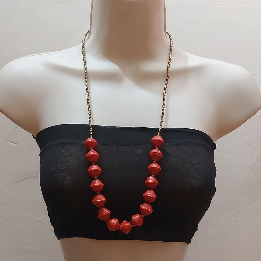 Vintage Chunky Painted Rolled Paper Beads Flapper Necklace